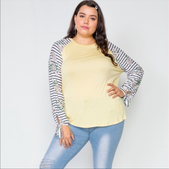 pop kiss Tops - Woman’s Plus size yellow floral and striped top